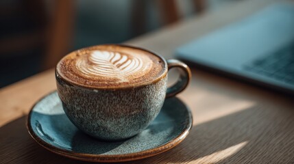 Latte art in rustic cup with laptop, sunlit wood table. Ideal for blog posts about cafes, work, or relaxation.