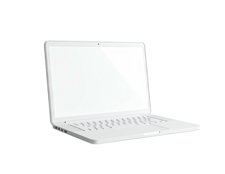 Minimalist, isolated, angled image of a sleek, white laptop against a dark background
