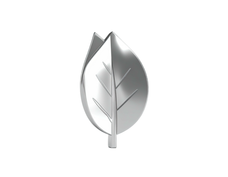 Shiny, silvery leaf emblem with dark background, highlighting natural form