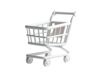 A rendered white shopping cart against a stark black background. 3D style