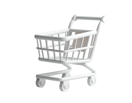 A rendered white shopping cart against a stark black background. 3D style