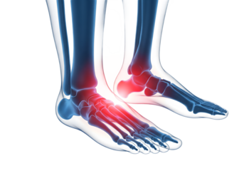 Medical illustration of human foot bones with highlighted pain area in ankle isolated on white background, concept of injury, arthritis, joint inflammation, healthcare, and orthopedic anatomy