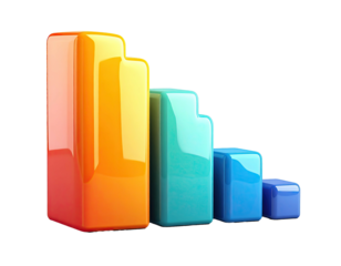 3D rendered decreasing bar graph in vibrant colors isolated on black background
