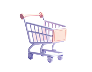 A small, cartoonish shopping cart, light pink and purple, against a black background