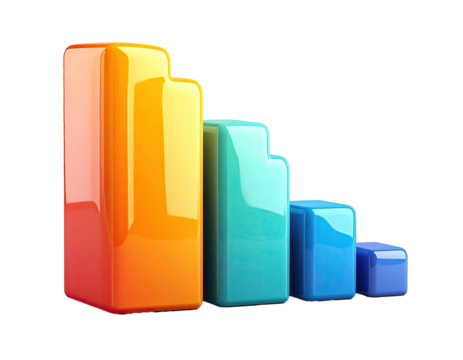 3D rendered decreasing bar graph in vibrant colors isolated on black background