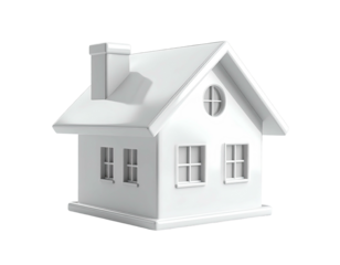 A small, simple white house model with a chimney, windows, and a circular window