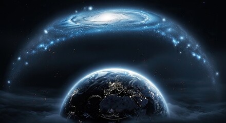 Obraz premium Stunning view of Earth under a vibrant galaxy, showcasing humanity's place in the cosmos and inspiring wonder and exploration for future endeavors.