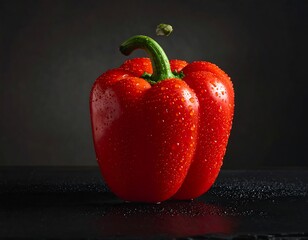 A vibrant red bell pepper, glistening with water droplets, is presented against a dark backdrop, highlighting its texture and shape.