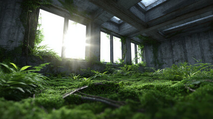 Realistic Shot of an Abandoned Office Building Interior with Overgrown Plants and Natural Light Streaming Through the Windows