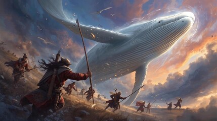 巨大な白クジラが空を飛んでいるのを槍を持って追いかけるハンターたち