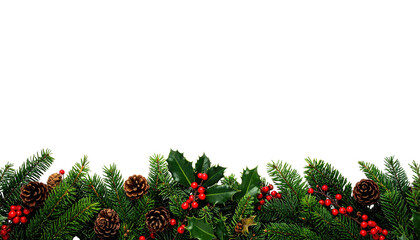 Festive holiday greenery with pinecones, red berries and a black background