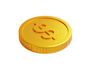 Isometric view of a shiny gold coin with a dollar sign, set against black