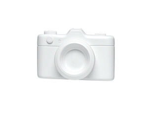 A pristine white, minimalist camera sits centered on a solid black background