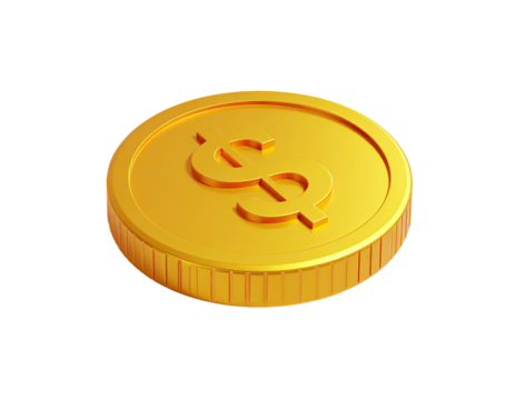 Isometric view of a shiny gold coin with a dollar sign, set against black