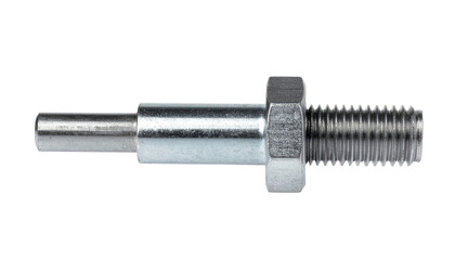 Close-up of a metallic, threaded shaft with a hex nut