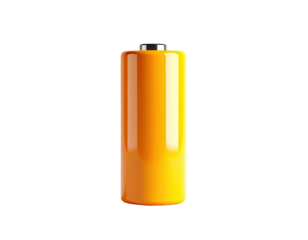 Shiny, yellow AA battery, upright, black background, with metallic top