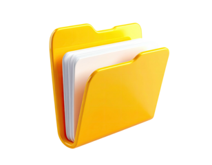 A glossy, yellow folder with a stack of white and cream-colored papers