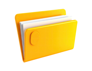 Bright yellow folder with a button and papers inside, against a transparent backdrop