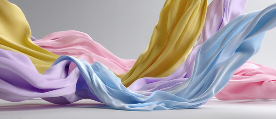 Fototapeta premium Colorful flowing fabrics in soft pastel shades creating a dynamic visual effect in a studio setting