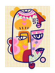 Abstract doodle decorative face portrait line art vector illustration. Cubism male and female poster, wall art, print, decoration.