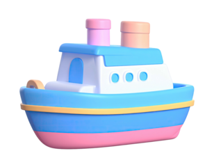 Adorable 3D rendering of a colorful cartoon boat with two smokestacks