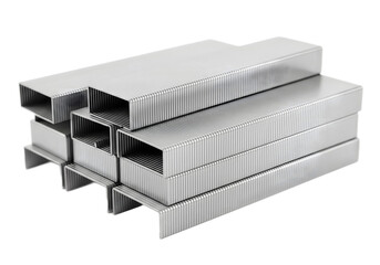 Stack of rectangular stainless steel hollow tubes isolated on white background, industrial metal profiles for construction, fabrication, manufacturing, and structural engineering use