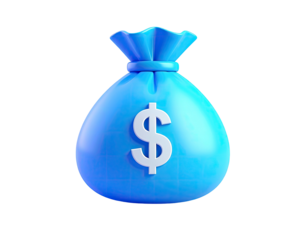 3D render of a blue money bag with white dollar sign, on black background