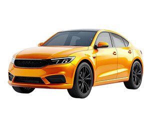 Bright orange sedan, black wheels, sleek design, isolated on a transparent background