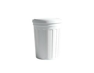 A simple white trash can with a lid, set against a stark black background