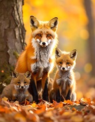 A warm autumnal scene showcases a mother fox and her two adorable pups amidst a carpet of colorful leaves.