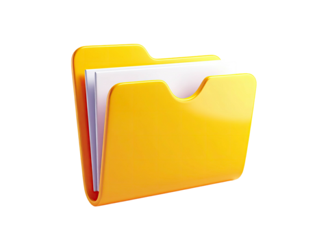 Shiny, 3D-rendered yellow folder filled with white paper sheets on black background
