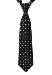 Black polka dot necktie isolated on white background, stylish men&rsquo;s fashion accessory for formal wear, business attire, office outfit, and elegant gentleman wardrobe style