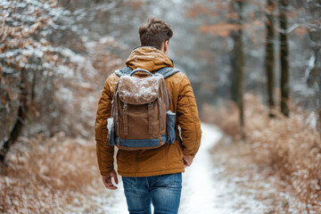 Young man hiking on a snowy trail surrounded by trees in winter