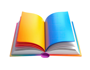 3D illustration of an open book with vibrant yellow and blue pages