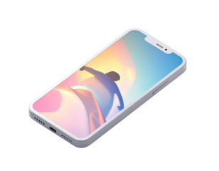 Angled smartphone with screen showing person and abstract colorful background