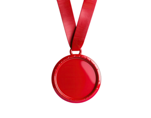 Shiny red award medal with ribbon, isolated on black, ready for engraving