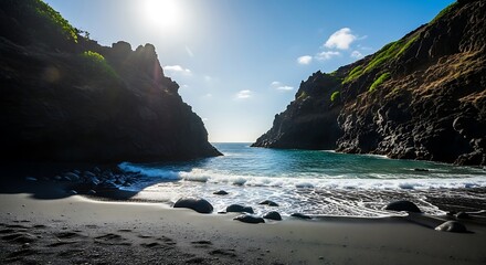 Secluded Beach Cove - Tranquil Waters and Rocky Cliffs.