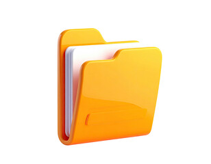 Glossy orange folder icon holding several white pages. Isolated on black