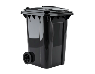 Glossy black wheeled trash receptacle, lid closed, on a black background