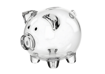 Transparent glass piggy bank isolated on white background, clear savings container symbolizing finance, money saving, investment planning, budget management, and financial security concept