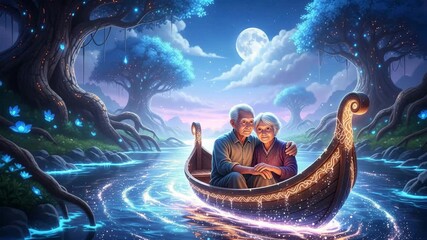Romantic elderly couple sailing on magical moonlit river surrounded by glowing trees and flowers, sharing a beautiful moment of love and tranquility - Powered by Adobe
