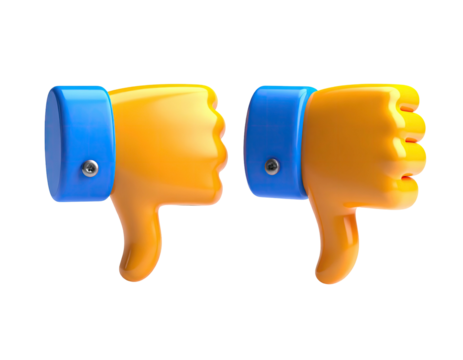 Two thumbs down emojis, glossy yellow hands, blue cuffs, set against black