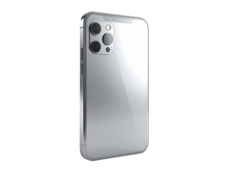 Silver smartphone with triple cameras, glass back, and a glossy display