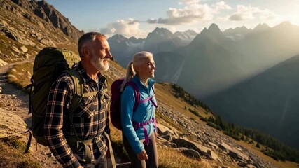 Active senior couple hiking through majestic mountain range, enjoying freedom and adventure in the great outdoors, celebrating healthy lifestyle
