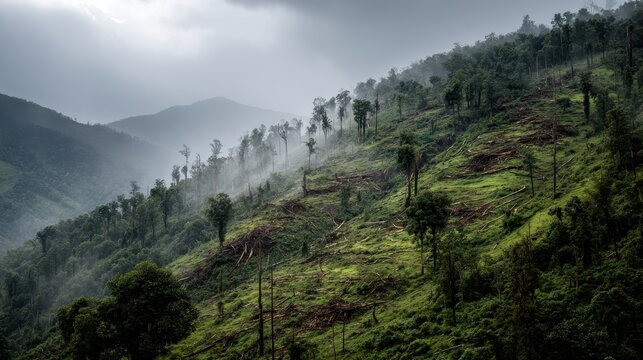 Rainy hillside with felled trees shows deforestation and logging. Use for environmental reports, climate change articles, or educational material.