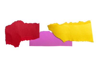 Papeles rasgados de colores rojo, amarillo y morado sobre fondo transparente