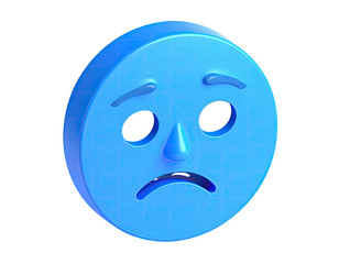 3D blue circular character with sad facial expression against black background