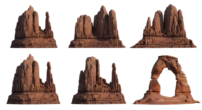 Collection of desert rock formations isolated on white background, sandstone cliffs and natural arch for geology, landscape, and nature concept designs
