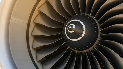 Close-up Aircraft Turbine Engine with Silver Fan Blades and Black Spinner