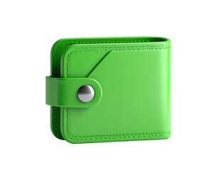 Shiny green leather wallet, closed, with silver clasp and stitching, isolated